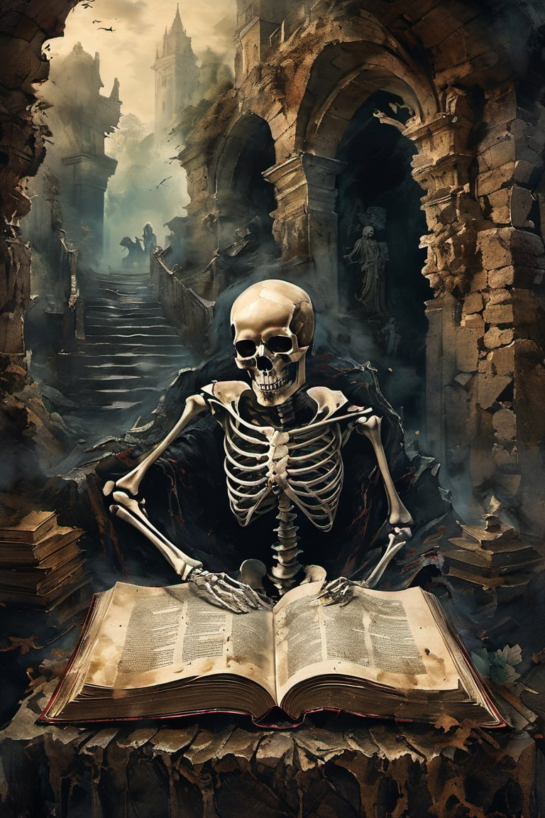 A hauntingly beautiful scene unfolds: In a dimly lit, eerie chamber, a bony skeleton sits amidst crumbling stone walls. Its skeletal hands grasp an open book, the pages fluttering as if being read by unseen forces. The skull's empty sockets seem to gaze intently at the ancient text, while multiple boys' bones are scattered around, a macabre testament to a forgotten history.