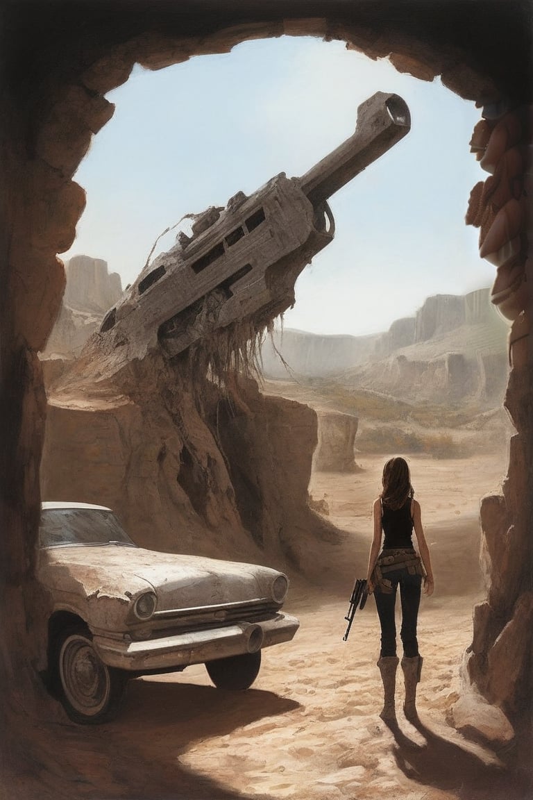 
Solo, 1 girl, standing, outdoors, from behind, scenery, machine gun, ruins, skull cave, whirlwind, whirlwind, dust, flying vines, dried up waterway, broken down car,