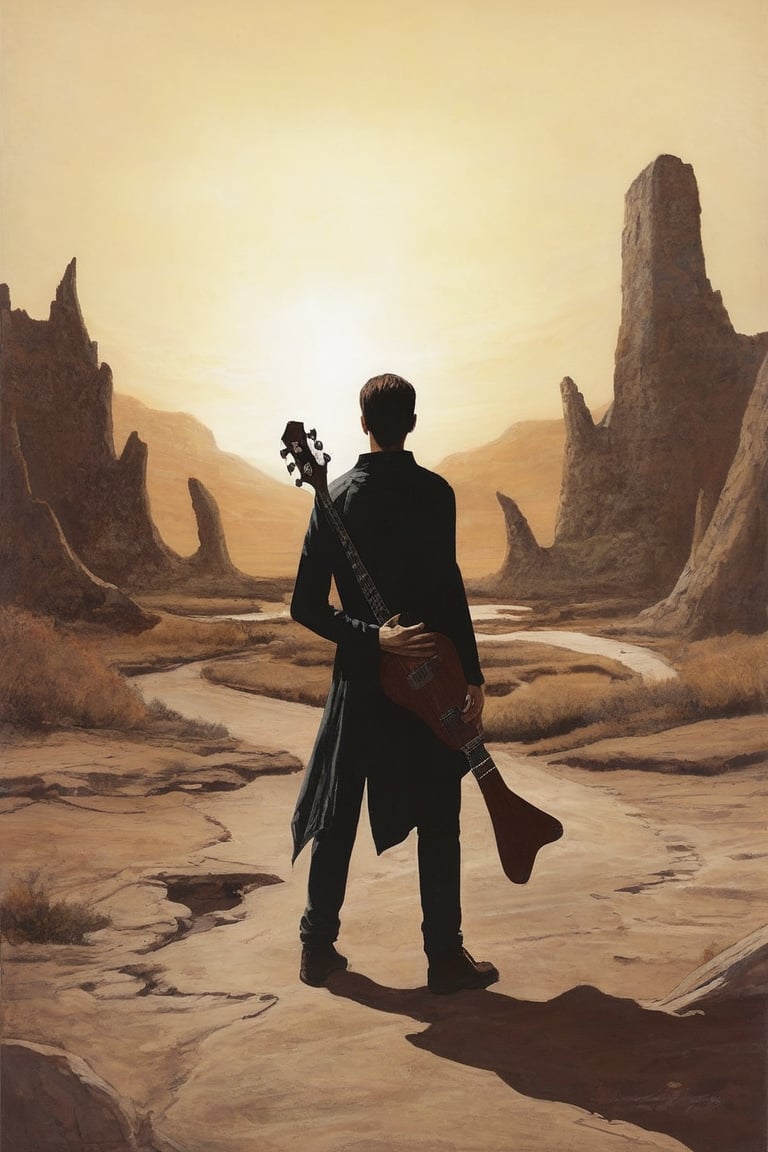 Solo, 1 boy, standing, outdoors, from behind, scenery, 1 guitar, ruins, skull cave, whirlwind, whirlwind, dust, flying vines, dried up waterway, broken down car