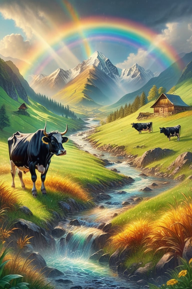 Hill with green grass, black cow, rain, mountain behind, afternoon, warm sunlight, beautiful gold dust, gold, silver, rainbow, stream water