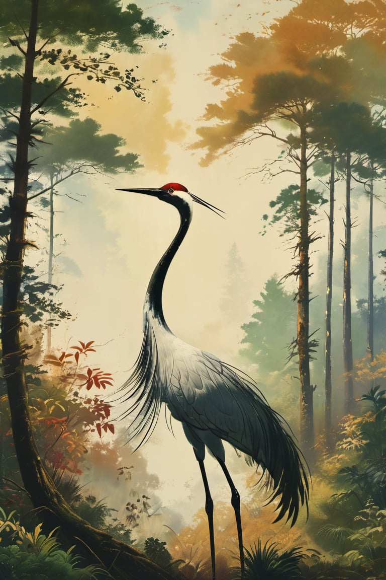 A majestic crane stands tall amidst a serene forest glade, its long neck and legs stretching towards the sky as it surveys its surroundings. The camera frames the shot from a low angle, looking up at the bird to emphasize its grandeur. Soft morning light filters through the canopy of towering pines, casting dappled shadows on the forest floor.