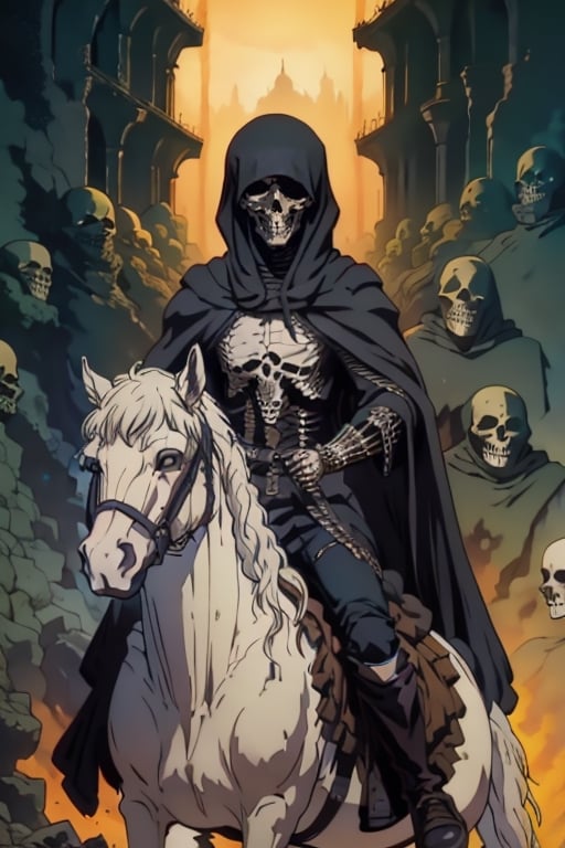 black hair, weapon, male focus, multiple boys, hood, cloak, skull, riding, horse, skeleton, horseback riding,nodf_lora,monochrome,Dorothy