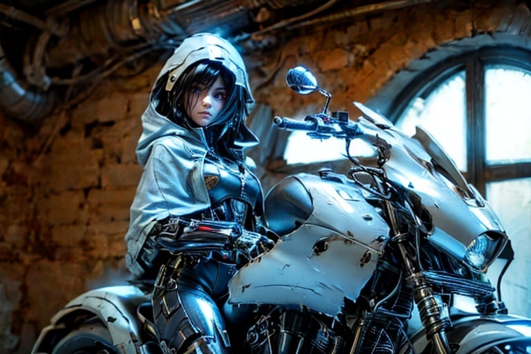 Black hair, weapons, female focus, girl, hood, torn cloak, , racing motorcycle, skeleton, riding, machine gun, boots, dark fantasy, perfect light,yk_cyborgs,cyborggirl,c1bo,cyborg_girl,cyborg 