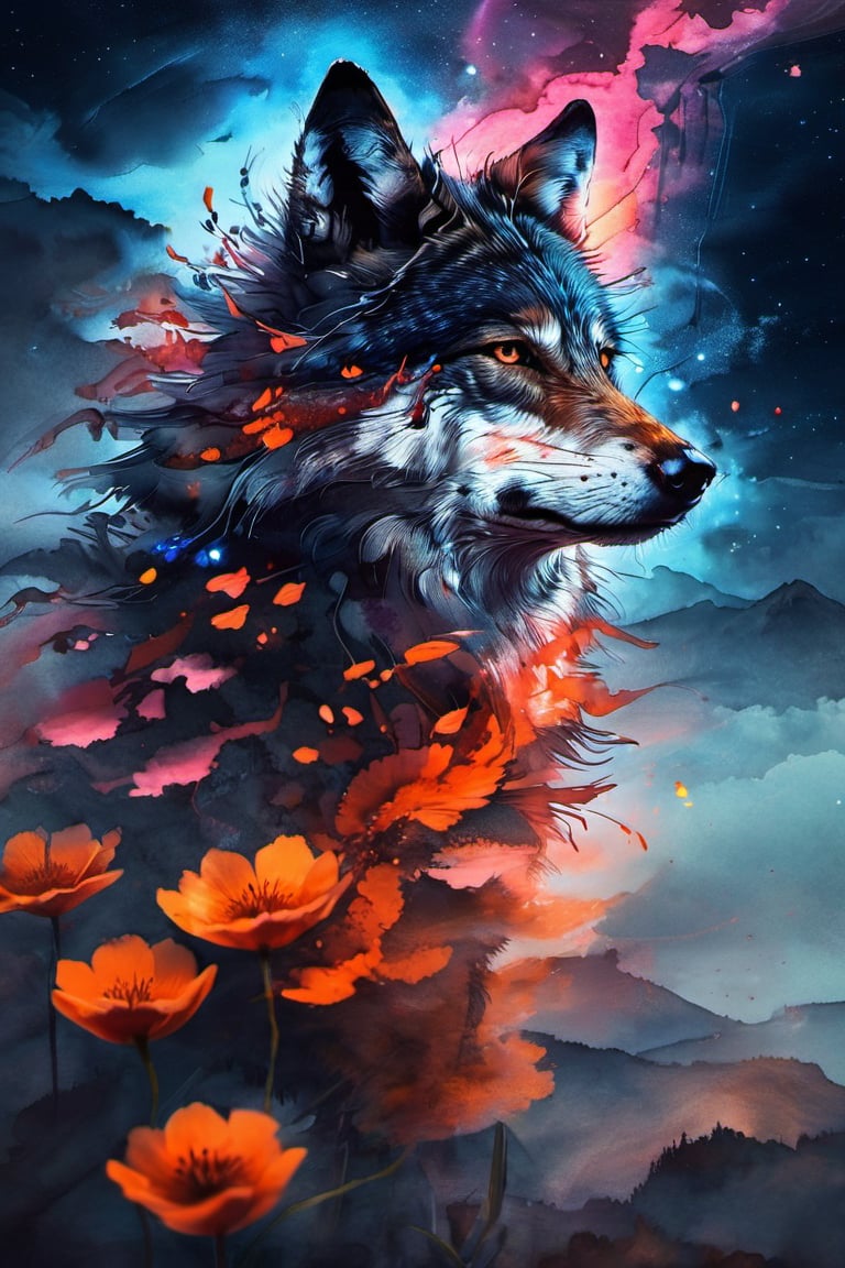 flower, sky, no humans, glowing, animal, glowing eyes, wolf, fox