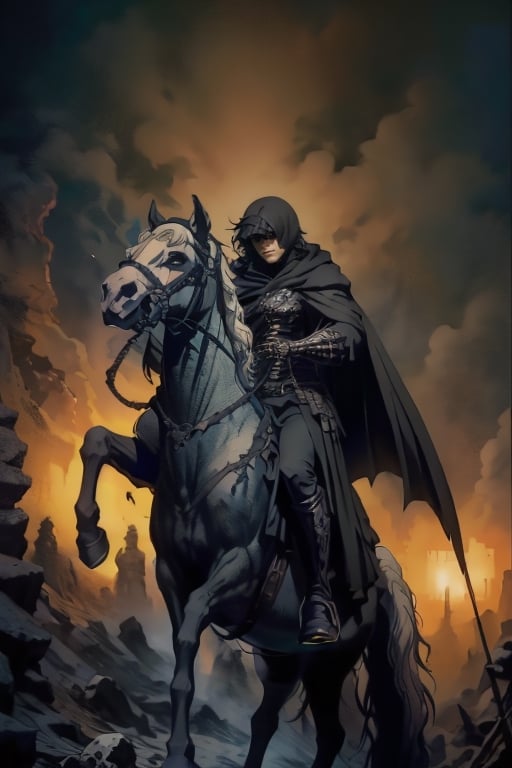 black hair, weapon, male focus, multiple boys, hood, cloak, skull, riding, horse, skeleton, horseback riding,nodf_lora,monochrome,Dorothy