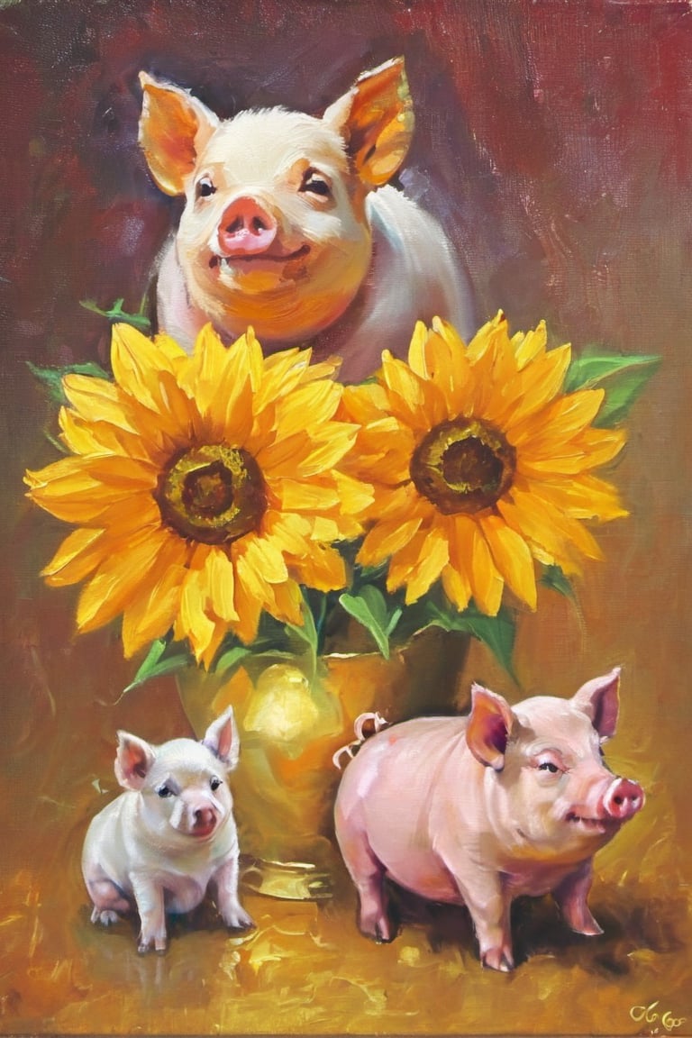 Sunflower, , pig, pig is wearing a pearl necklace, dog, dog is wearing a gold necklace,