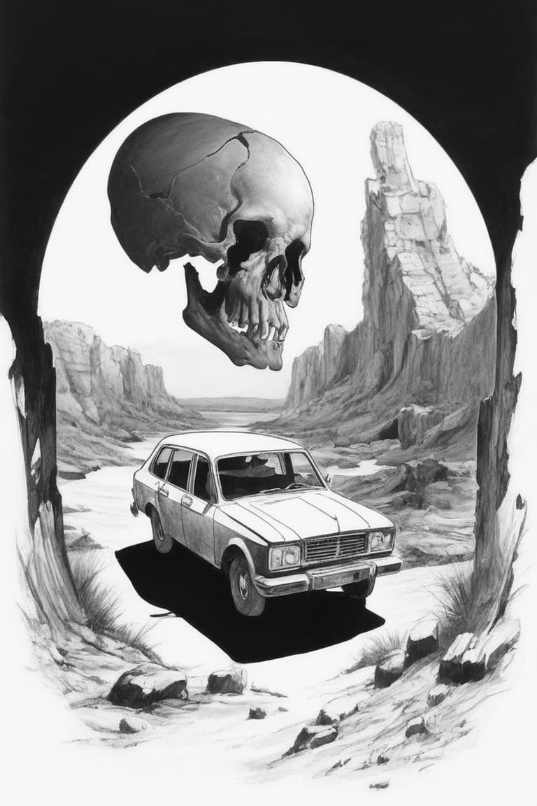 
Solo, 1 girl, standing, outdoors, from behind, scenery, machine gun, ruins, skull cave, whirlwind, whirlwind, dust, flying vines, dried up waterway, broken down car, black and white background