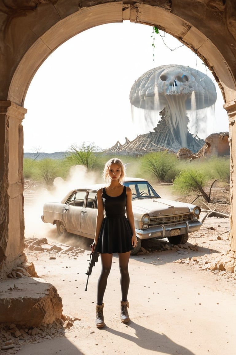 
Solo, 1 girl, standing, outdoors, in front, scenery, machine gun, ruins, skull cave, whirlwind, whirlwind, dust, flying vines, dried up waterway, broken down car