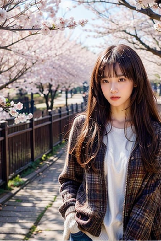 1girl, solo, long hair, smile, brown hair, brown eyes, outdoors, tree, cherry blossoms, realistic