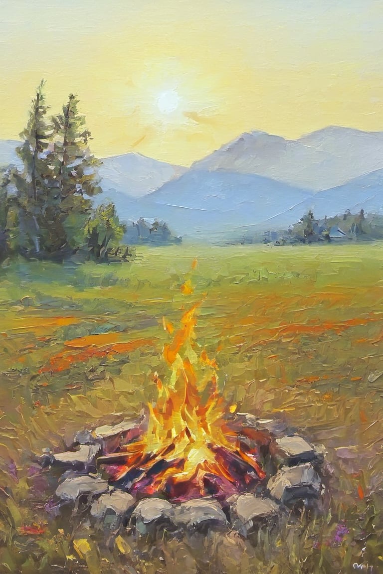 
Bright sun, bonfire, , rocky mountain, field, meadow