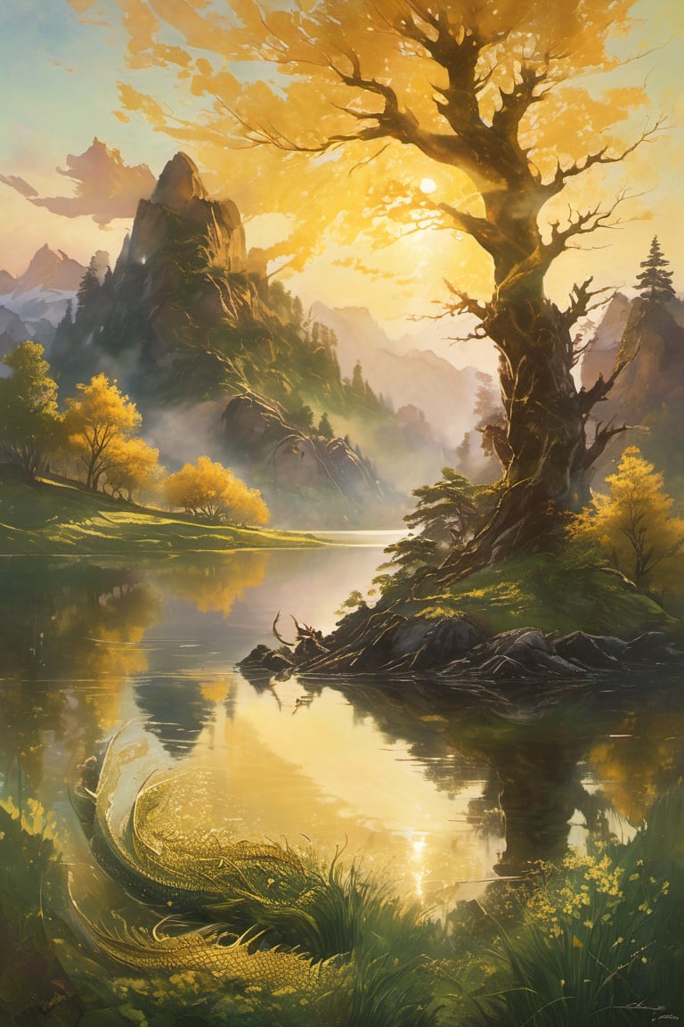 Golden light of dawn illuminates a serene spring morning scene. A majestic big tree stands tall at the water's edge of a vast big lake, its reflection perfectly mirrored in the calm waters. In the distance, a big rock mountain rises, its rugged peaks meeting the sky. Beyond the lake, big farmland stretches out, with rolling hills and lush greenery. Amidst this idyllic landscape, a magnificent golden dragon sprawls across the grassy clearing, its scales glistening in the warm sunlight.