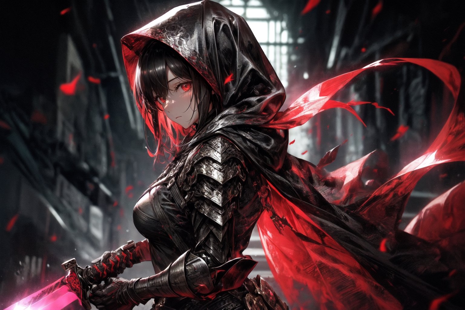 solo, red eyes, 1girl, holding, weapon, male focus, sword, hood, holding weapon, armor, torn clothes, glowing, holding sword, gauntlets, cloak, hood up