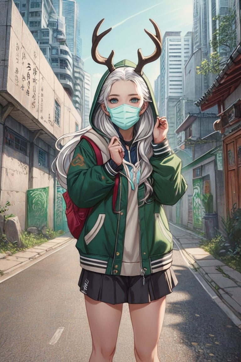 1girl, solo, long hair, looking at viewer, long sleeves, twintails, green eyes, standing, jacket, upper body, white hair, outdoors, horns, day, hood, hoodie, mask, hood down, building, clothes writing, forehead, city, hands in pockets, mouth mask, drawstring, road, antlers, street