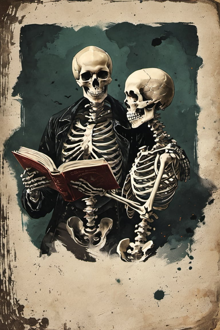 holding, multiple boys, book, no humans, holding book, skull, open book, reading, skeleton, bone