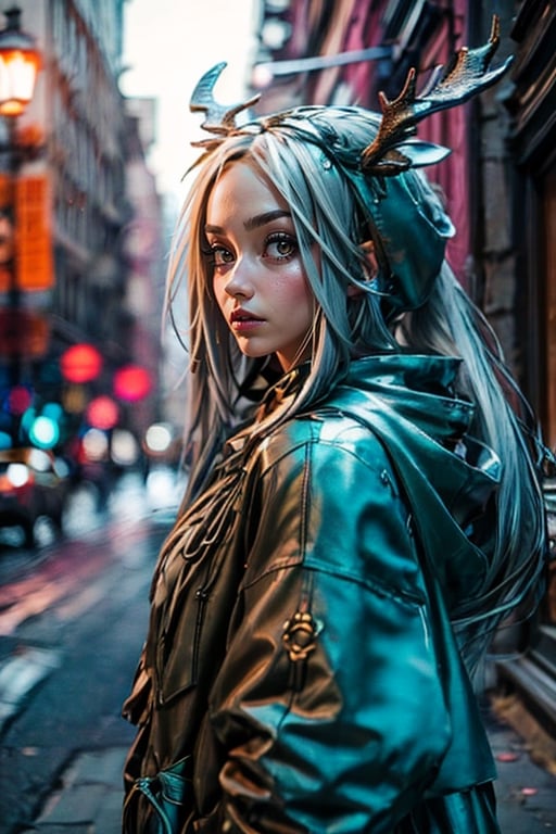 1girl, solo, long hair, looking at viewer, long sleeves, twintails, green eyes, standing, jacket, upper body, white hair, outdoors, horns, day, hood, hoodie, mask, hood down, building, clothes writing, forehead, city, hands in pockets, mouth mask, drawstring, road, antlers, street