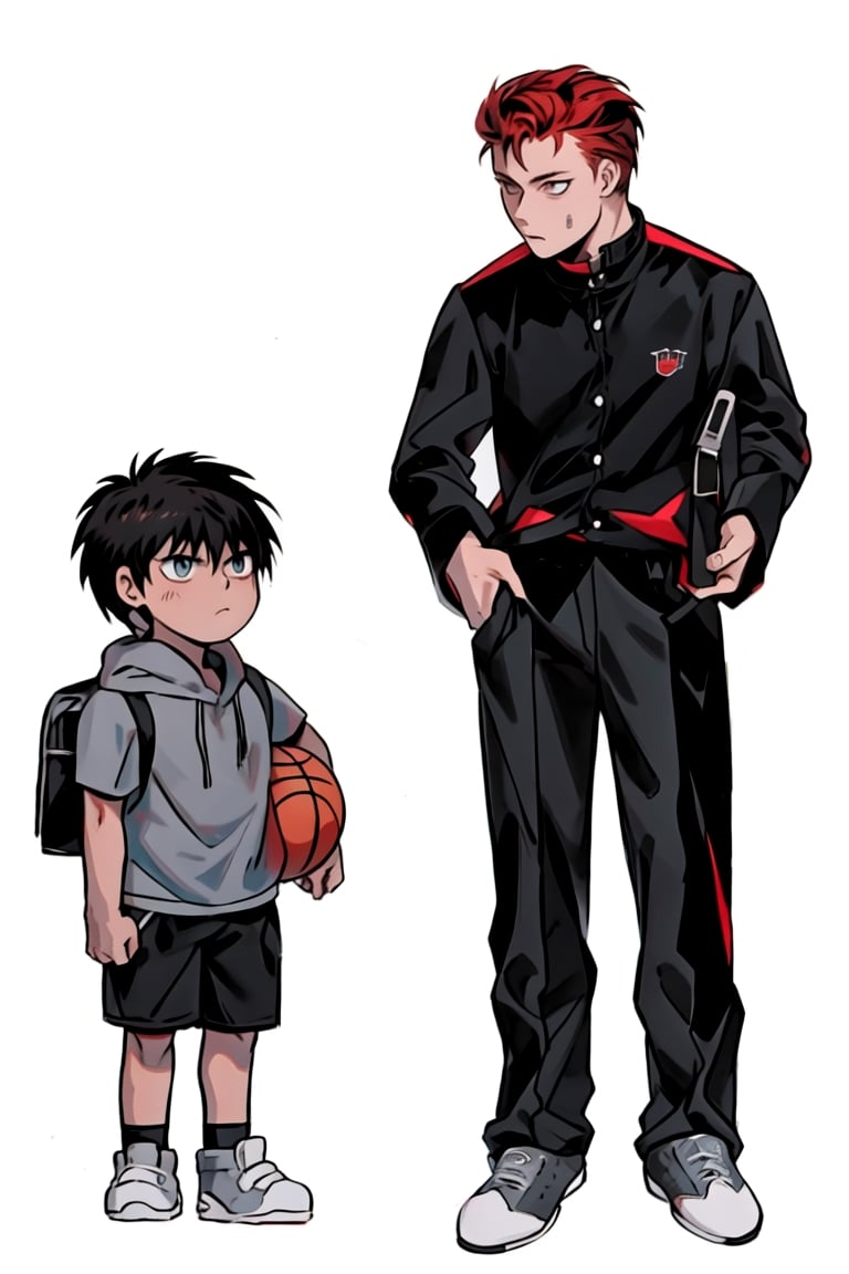 Two boys, High school students and elementary school students, Redhead, brunette, black student uniform, gakuran, Delicate facial features, perfect face, perfect eyes, casual sportswear, shorts, basketbball, sneakers, tsurime, sharp eyes, Ghibli-like colours, Color Field painting, anime, UHD, masterpiece, anatomically correct, textured skin, high details, highres,simple_background,best quality