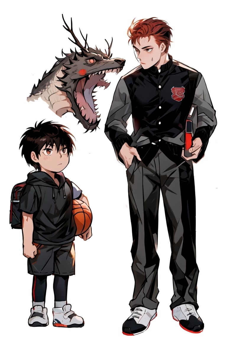 Two boys, High school students and elementary school students, Redhead, brunette, black student uniform, gakuran, Delicate facial features, casual sportswear, shorts, basketbball, sneakers, tsurime, sharp eyes, Ghibli-like colours, Color Field painting, anime, UHD, masterpiece, anatomically correct, textured skin, high details, highres,simple_background,best quality