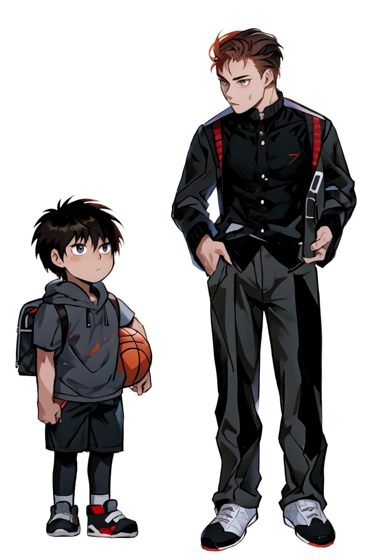 Two boys, High school students and elementary school students, Redhead, brunette, black student uniform, gakuran, Delicate facial features, perfect face, perfect eyes, casual sportswear, shorts, basketbball, sneakers, tsurime, sharp eyes, Ghibli-like colours, Color Field painting, anime, UHD, masterpiece, anatomically correct, textured skin, high details, highres,simple_background,best quality,midjourney