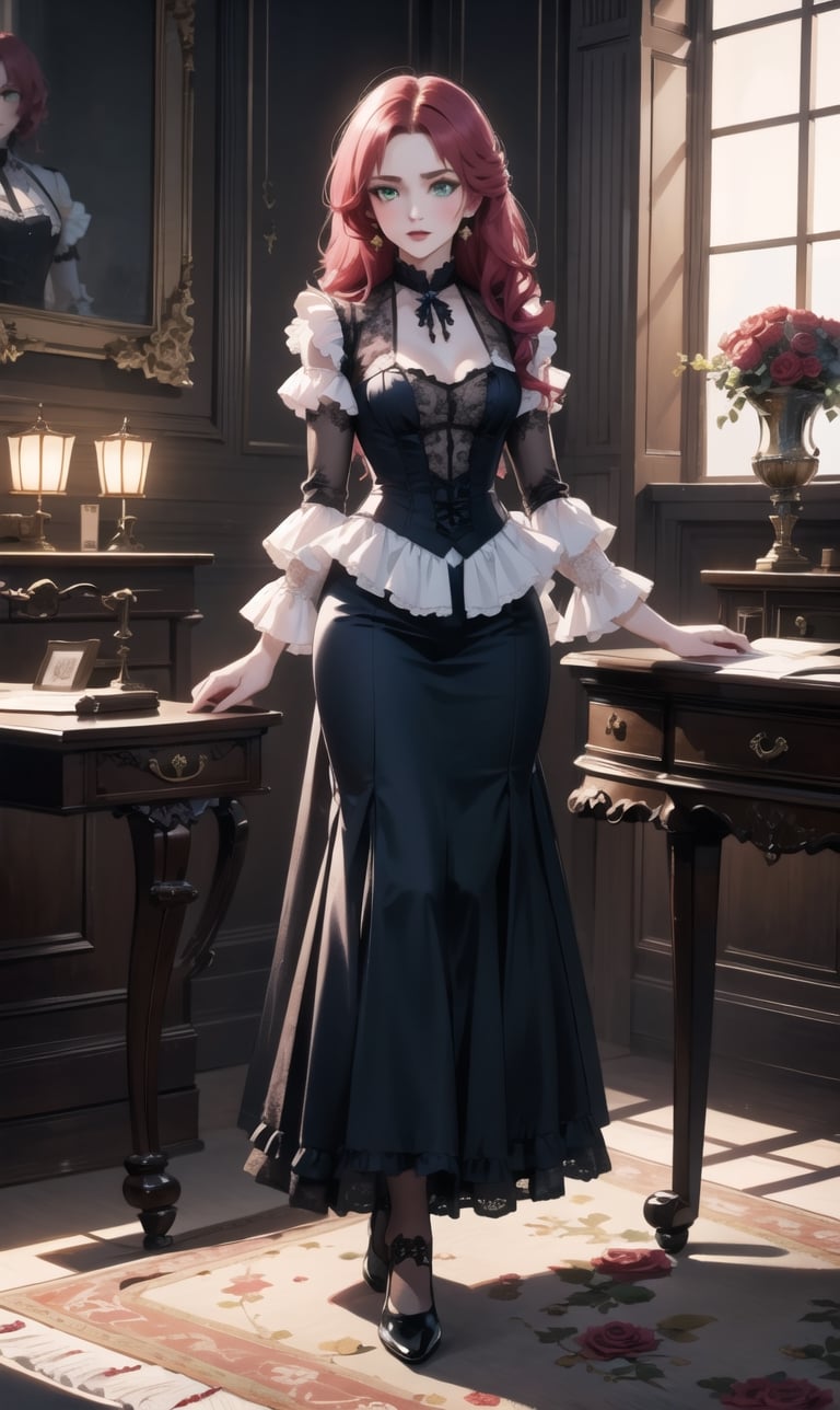 dark_academy, perfect face, perfect finger, gothic dress, vampire queen, wavy hair, see_through, transparent fabric, addams family, lace, roses, (black_rose: 0.8), thorns, bare_legs, show chest, (red and blue gradient hair), anime,1 girl, ((full body)), green eyes, high detail, Neoclassicism, reflection light,perfect light, short VICTORIAN DRESS