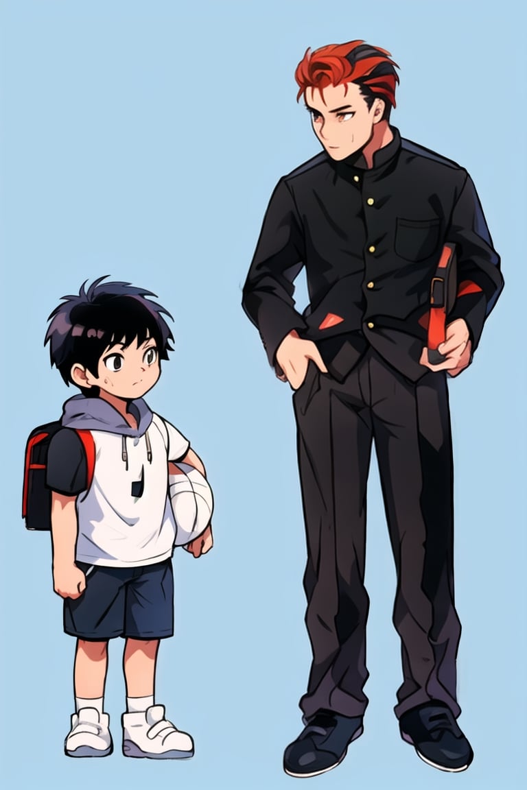 Two boys, High school students and elementary school students, Redhead, brunette, black student uniform, gakuran, Delicate facial features, casual sportswear, shorts, espadrilles, tsurime, Ghibli-like colours, Color Field painting, anime, UHD, masterpiece, anatomically correct, textured skin, high details, highres,simple_background