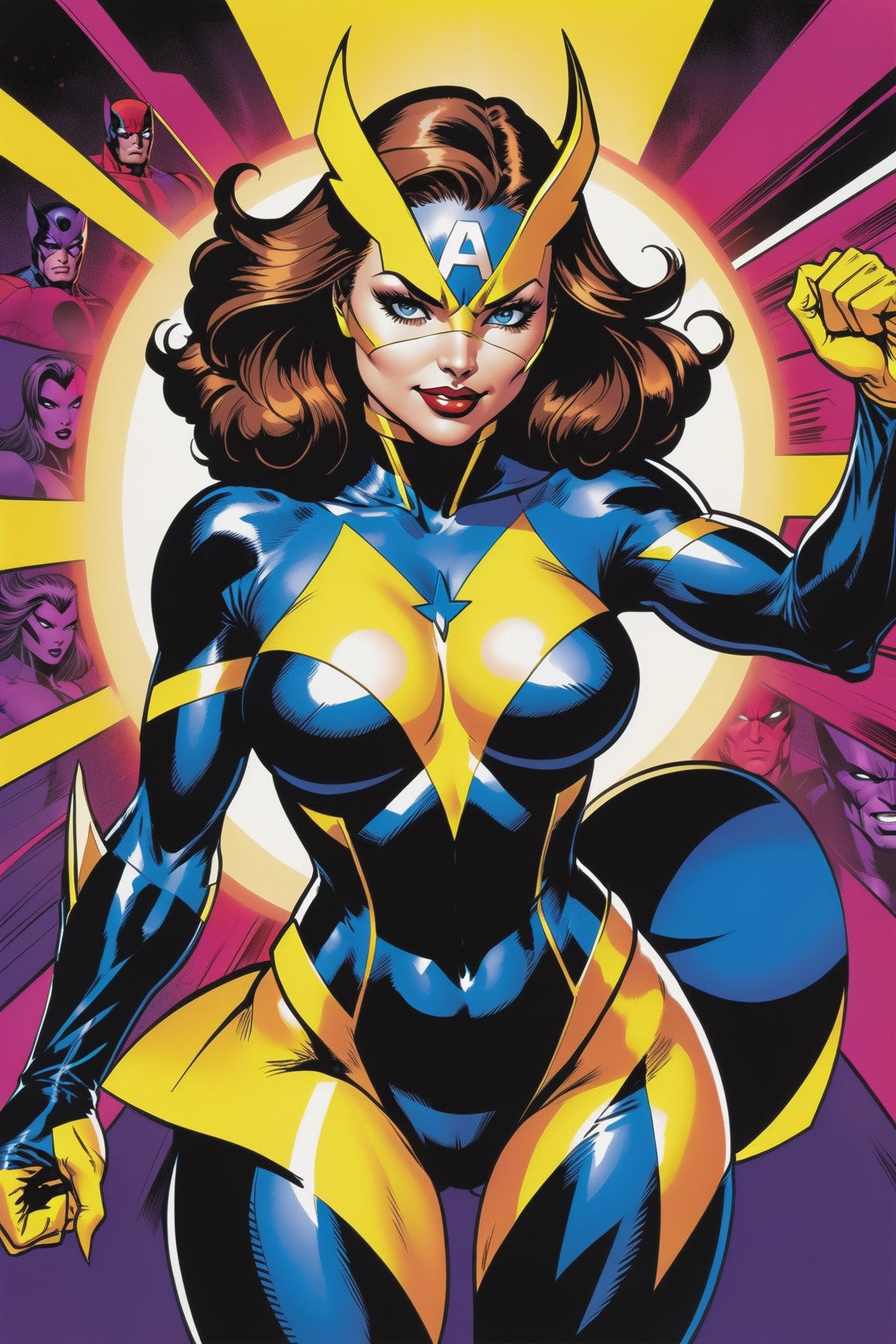 midshot black bold pen traces ultra detailed illustration Marvel Xmen Mystic with a provocative smile in a provocative dyn...