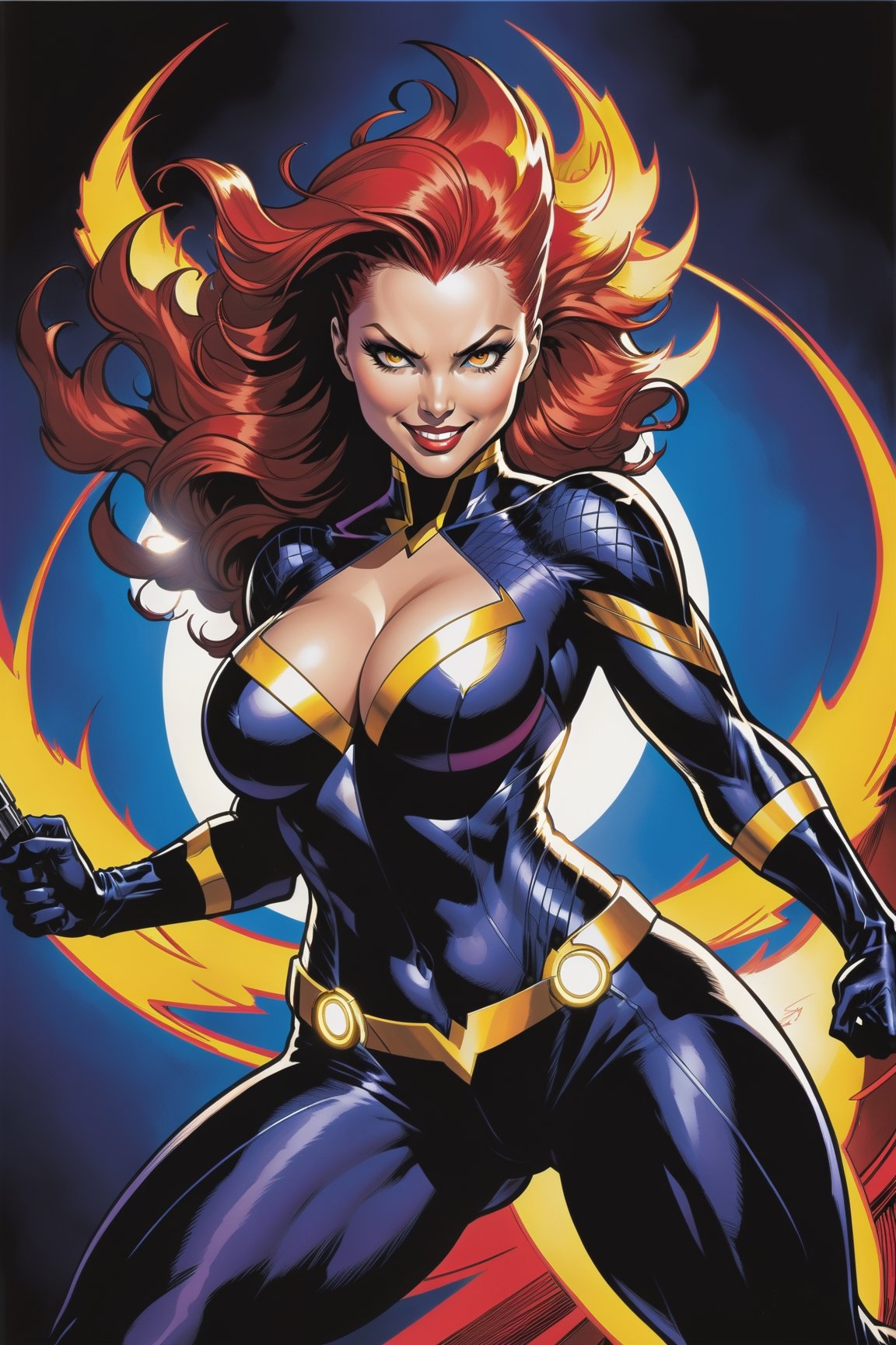 midshot black bold pen traces ultra detailed illustration Marvel Xmen Red Phoenix with a provocative smile in a provocativ...