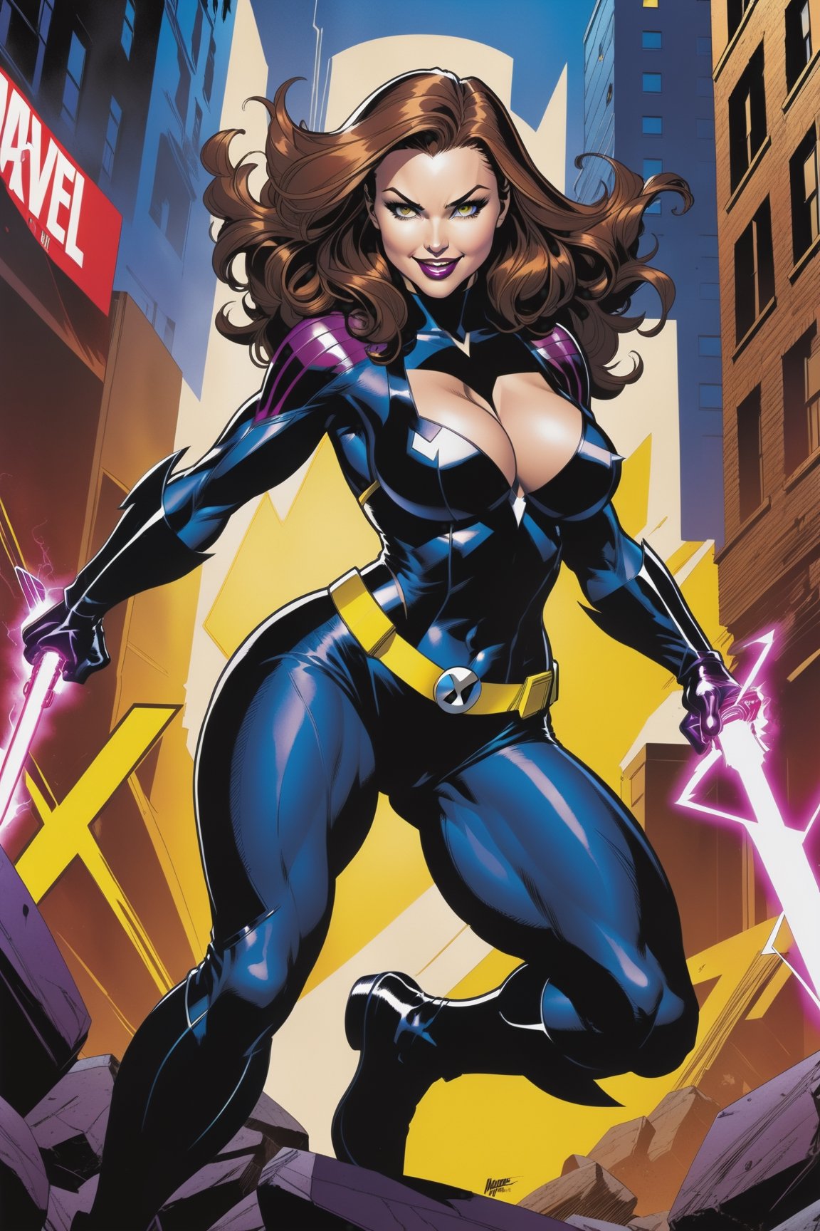 midshot black bold pen traces ultra detailed illustration Marvel Xmen Rogue with a provocative smile in a provocative dyna...