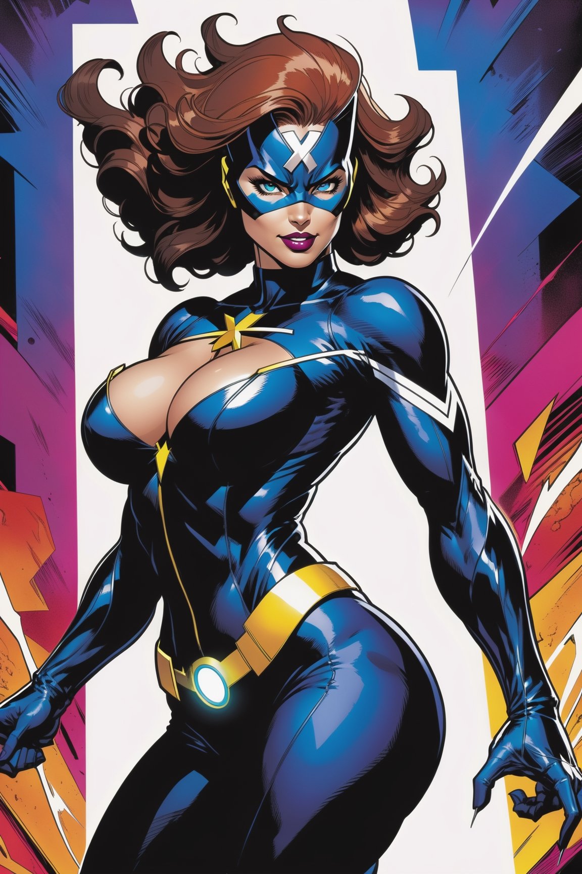 midshot black bold pen traces ultra detailed illustration Marvel Xmen Mystic with a provocative smile in a provocative dyn...