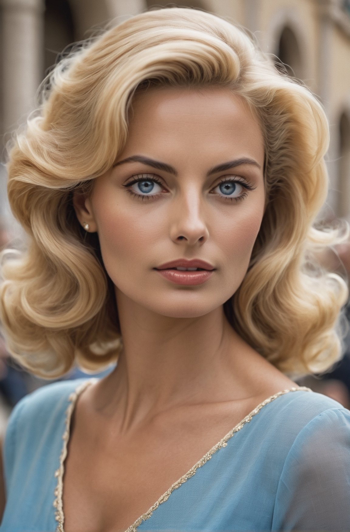 A ultra-realistic photo,  from a 30 year old Italian woman. She has long blond golden voluminous smooth hair,  expressive...