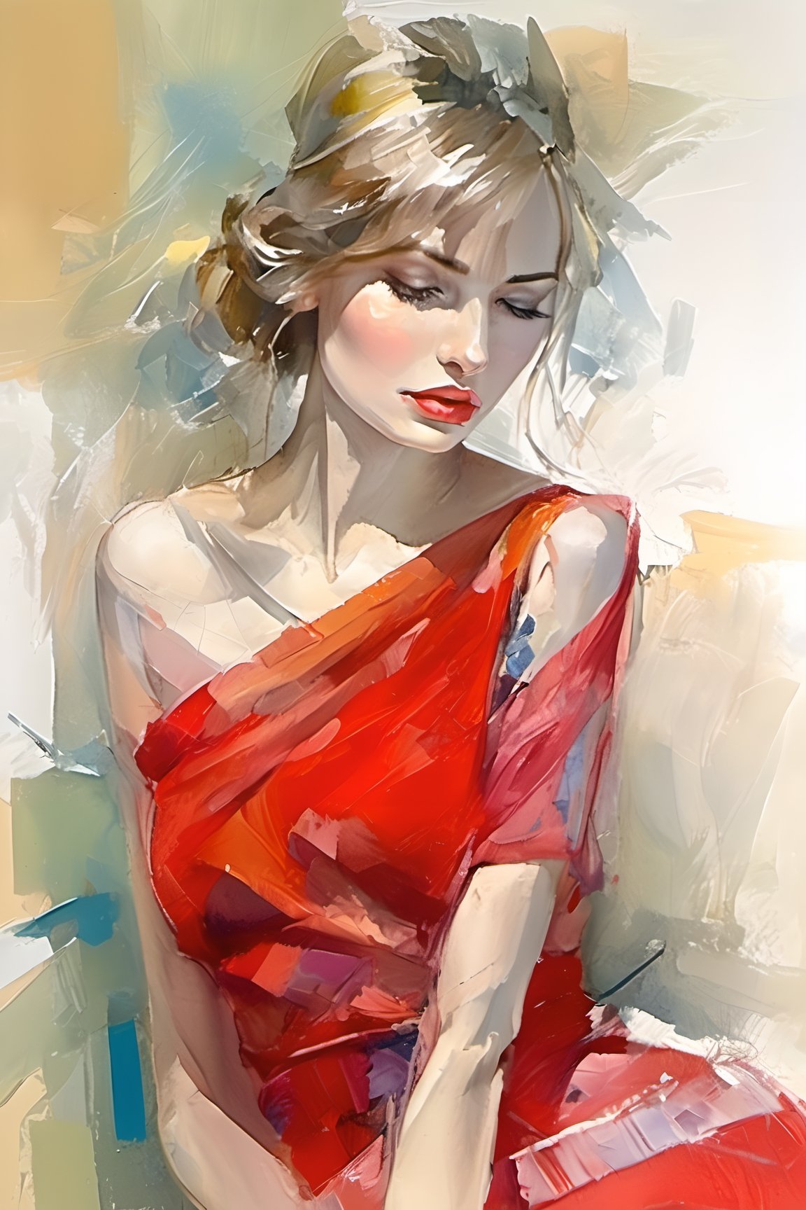 best quality,  extremely detailed,  using knife drawings, oil painting, sexy korean girl, art by  Shirley Trevena naked shoulder, faces of female super models  or the 2000s, eyes open, loose brushwork, ,aesthetic portrait, red dress,