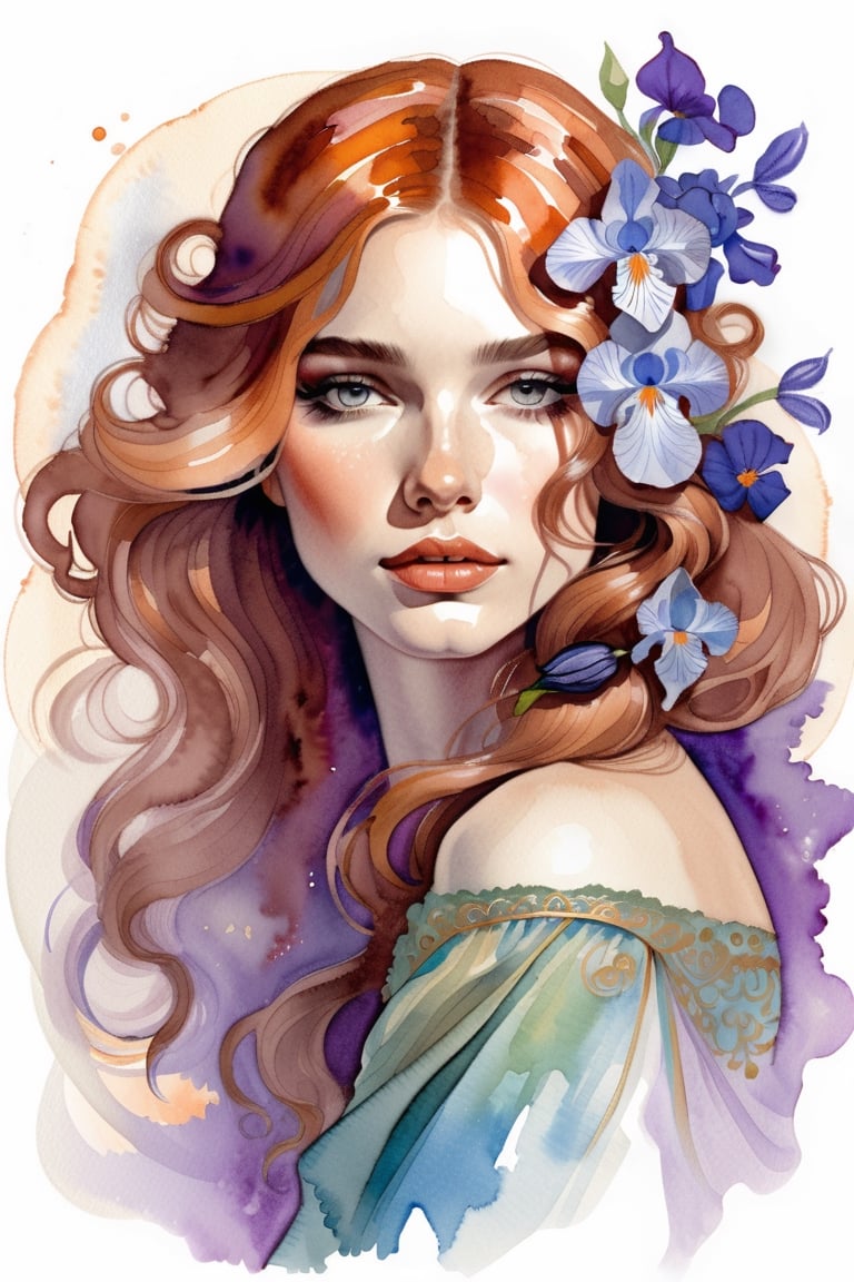 (watercolor drawing:1.4), portrait, beautiful girl, long flowing curly auburn hair, 
Background  : surrounded by iris and leaves with colors smuggling,  chiffon, floral embroidery, botanical, elaboration, high detail, glass and stone, intricate details, elegant, aesthetic, lineout, high quality, work of art, hyper-detailed, professional, filigree, hazy, super-detailed, muted colors, style Stephanie Law and Alphonse Mucha and Carne Griffiths,art,ink , puple diluted 