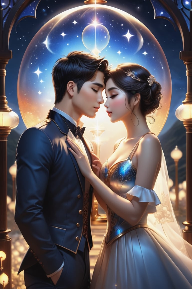 (Fidelity: 1.0), (masterpiece:1.5), (best quality:1.5), (ultra-detailed:1.5), (32K resolution:1.5), (close-up:1.2), 32K magical romantic Taiwanese comic art style, young cute romantic Taiwanese heterosexual close-up, full body, big eyes, detailed face and fingers, short-haired Taiwanese handsome boy and his beautiful Taiwanese girlfriend kiss next to a extremely (giant fantasy hourglass), best starlight romance, blue-dark orange gradient filter, exquisite quality, 32K, 32K high quality, intricate lighting, luminism, very high details, sharp background, mysticism, (Magic), 32K, 32K (close-up), 32K (Beautifully Detailed Face and Fingers), (Five Fingers), cinematic glowing light effects,DonMSn0wM4g1cXL,DonMC1rcu17Pl4nXL