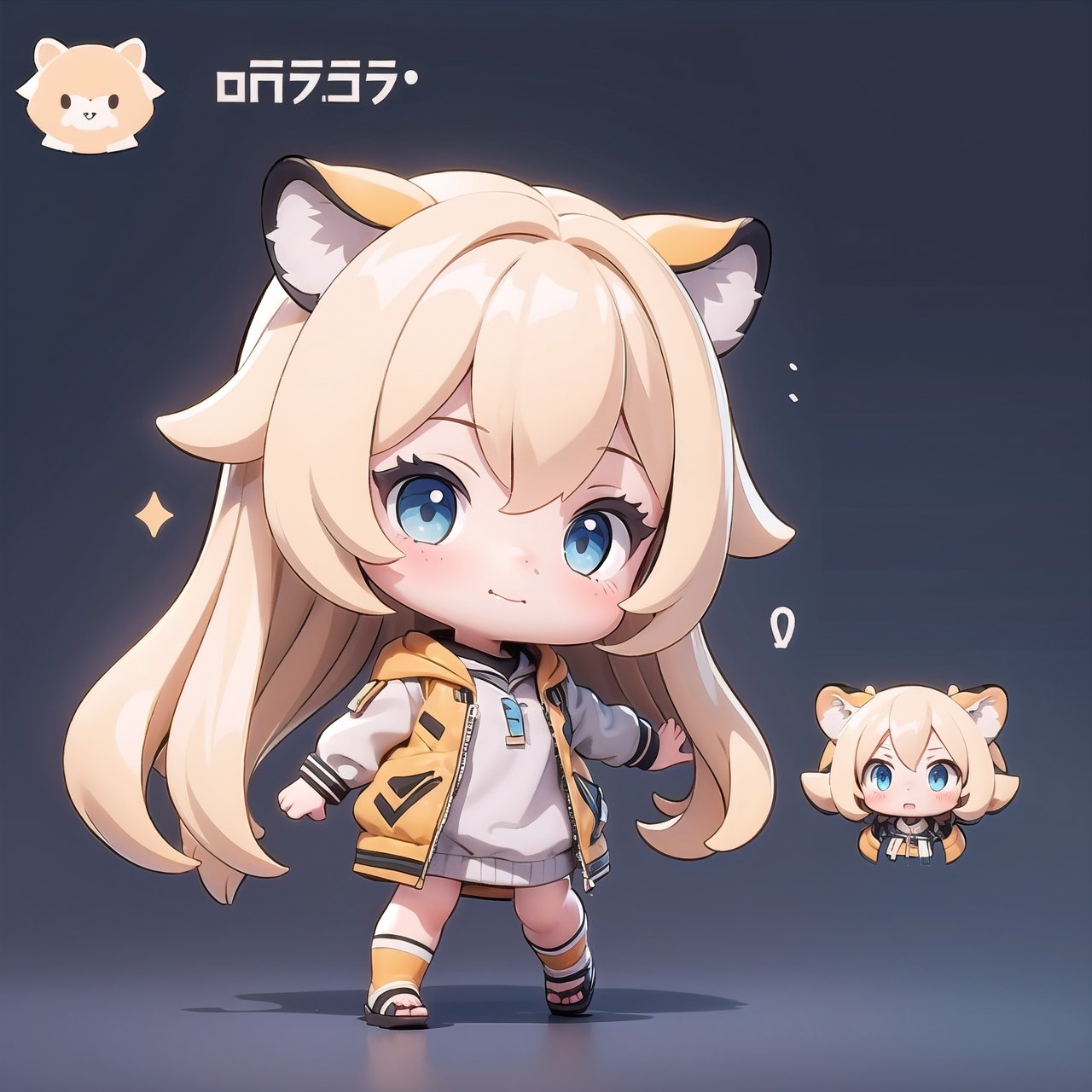 (masterpiece), 1girl, chibi, character sheet, blonde hair, blue eyes, long hair, tiger orange ears,chibi