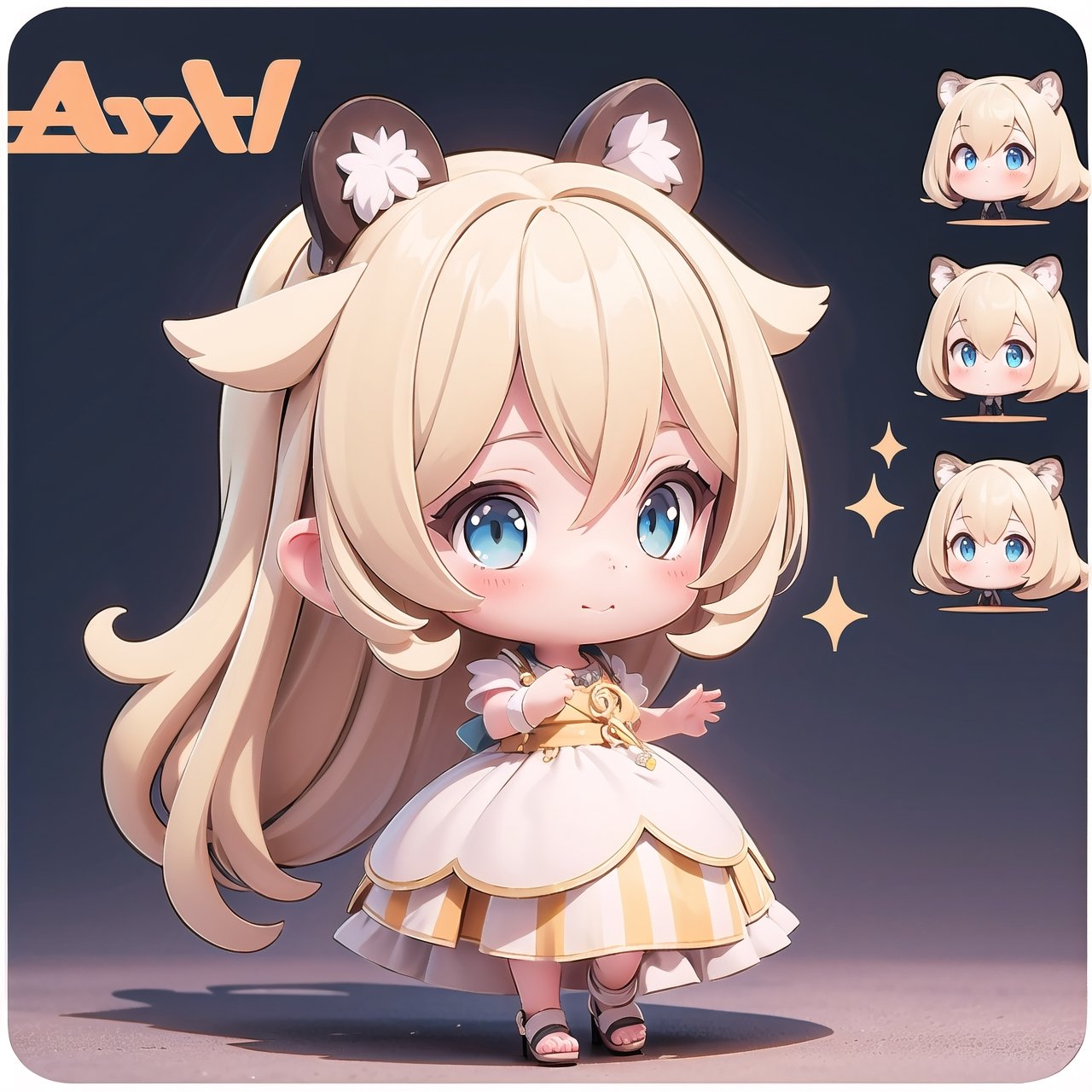 (masterpiece), 1girl, chibi, character sheet, blonde hair, blue eyes, long hair, tiger orange ears,chibi, dress