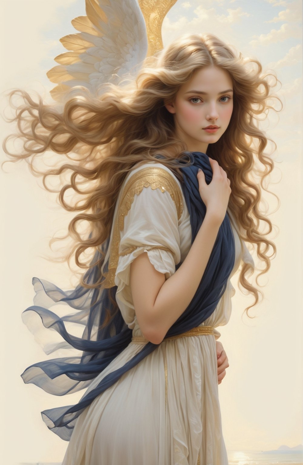 Stunningly beautiful goddess, Angel. Beautiful, shapely body, covered with a long dress. It has large white wings and long, light golden wavy hair reaching down to its waist. (delicate sfumato, soft color transitions:2), "color gradient from gold to navy blue", Painting inspired by the style of Bouguereau, Lawrence Alma-Tadema (intricate chiaroscuro, layered oil techniques, detailed drapery, masterful brush painting, brush marks, classic motifs, dramatic light sources, deep play of shadows), (ethereal auras, harmonious composition, captivating portraits, serene landscapes, anatomical precision, delicate hand gestures, timeless beauty, humanistic expression, emotive poses, intricate backgrounds, symbolic elements)
,more detail XL