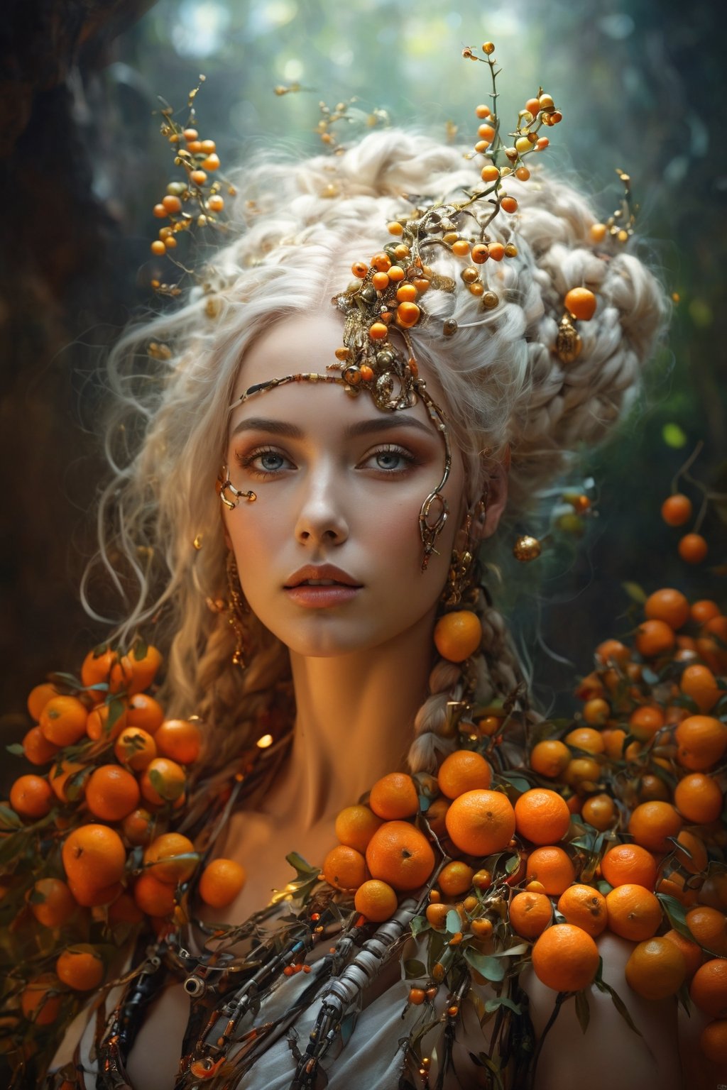 A woman of wonderful beauty. Female cyborg. Huge bright eyes. Long, white and gold hair reaching to her waist. She has orange tangerines and rowan berries in her hair. Hair braided. Beautiful body and radiant facial expression. Mandarin beads around the neck. Surrealistic scene. Scene in the style of Stefan Gesell and painting by Dariusz Zawadzki. Blurry background, wide brush marks on the canvas. Light from behind and from the side. Shallow depth of field. Perfect composition, beautiful, detailed, extremely detailed octane render gaining popularity on artstation, soft natural volumetric cinematic excellent light, chiaroscuro, award-winning photography, masterpiece, oil on canvas, Greg Rutkowski, beksiński,cyborg style