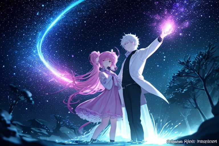 In the center of the image, there are two characters with animal characteristics. Their pointed ears and tails suggest they could be cats or foxes.
The character on the left has long pink hair that falls in soft waves. Wear modern casual clothing, such as a T-shirt and tight pants.
The character on the right has white hair, which flows like a waterfall of snow. She wears a short dress with lace details on the edges. He holds a microphone in one hand.
The Magical Environment:
Both characters are surrounded by a magical atmosphere. The background shows a starry sky that stretches to the horizon. The stars shine brightly, as if they are guardians of cosmic secrets.
The trees around them are in full bloom. Its branches are loaded with pink flowers, creating a beautiful contrast with the darkness of the sky.
The Luminous Source:
Among the characters, there is a magic fountain. Its water appears to be made of liquid light. The fountain emits a soft, constant glow, as if connected to a celestial energy source.
The light from the fountain illuminates their faces and creates dancing shadows on the ground.
Expressions and Emotions:
The pink-haired character appears to be singing. His eyes are closed, and his mouth is parted in a passionate expression.
The white-haired character looks at the horizon with an enigmatic gaze. What secrets does he hide in his heart?
In short, this illustration captures a magical moment full of mystery. The characters seem to be in a world where music and magic intertwine.,<lora:659111690174031528:1.0>