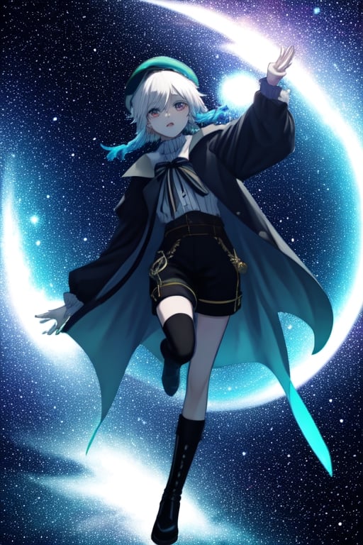 ventidef,White hair,colored eyes of a nebula, beret,space-black trench coat, black shorts, black boots,,<lora:659111690174031528:1.0>