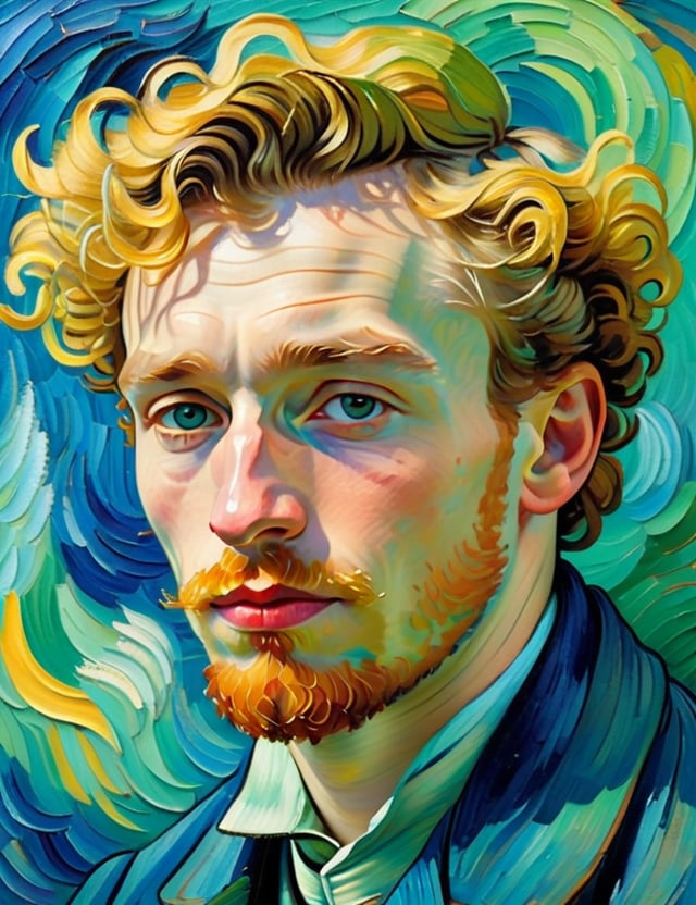 A close-up portrait of a 25-year-old Russian man with fair skin and short, curly blonde hair, front view, in the style of Vincent van Gogh, using a vibrant color palette of rich blues, deep yellows, and bold greens with Van Gogh's signature swirling, textured brushstrokes. Artists: Vincent van Gogh, Henri de Toulouse-Lautrec, Paul Gauguin.