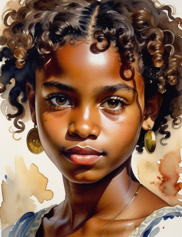 A watercolor style, a Jamaican girl about 15 years old, her skin tone is black and her short curly hair, close-up of the face, front view, background blurred, (((intricate details))), (((best quality))), (((extreme detail quality))), (((complex composition))); John Singer Sargent, J.M.W. Turner, Albrecht Dürer