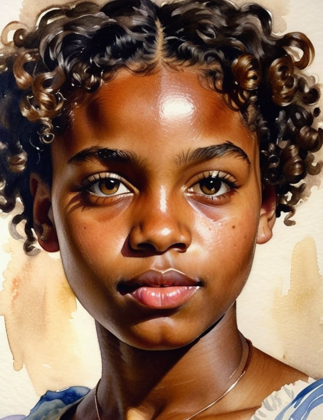 A watercolor style, a Jamaican girl about 15 years old, her skin tone is black and her short curly hair, close-up of the face, front view, background blurred, (((intricate details))), (((best quality))), (((extreme detail quality))), (((complex composition))); John Singer Sargent, J.M.W. Turner, Albrecht Dürer