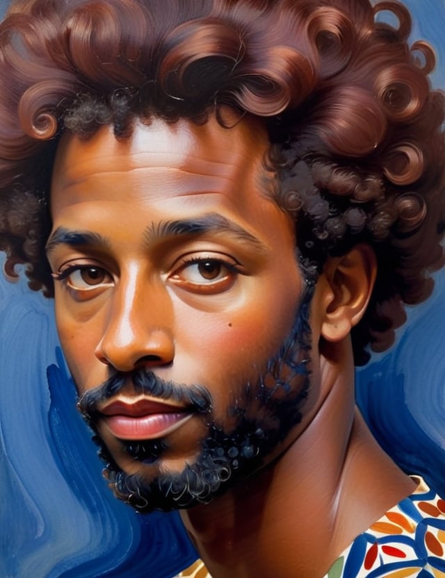 A close-up portrait of a 34-year-old Portuguese man with fair skin and short Afro hair, front view, in gouache on canvas style, using a color palette of rich earth tones, deep blues, and warm reds with smooth, creamy textures. Artists: Mary Blair, John Singer Sargent, Henri Matisse.