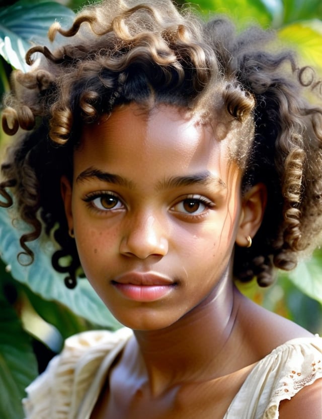 A watercolor style, a Jamaican girl about 15 years old, her skin tone is black and her short curly hair, close-up of the face, front view, background blurred, (((intricate details))), (((best quality))), (((extreme detail quality))), (((complex composition))); John Singer Sargent, J.M.W. Turner, Albrecht Dürer