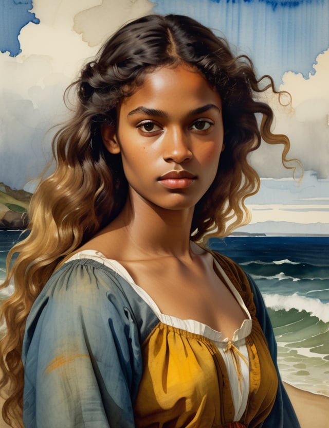  A close-up portrait of a beautiful 25-year-old Brazilian woman with dark skin and blonde, wavy, straight hair, serious expression, front view, in watercolor style, using a palette of rich earth tones, deep blues, and vibrant yellows with flowing, transparent textures. Artists: Albrecht Dürer, Winslow Homer, John Singer Sargent.