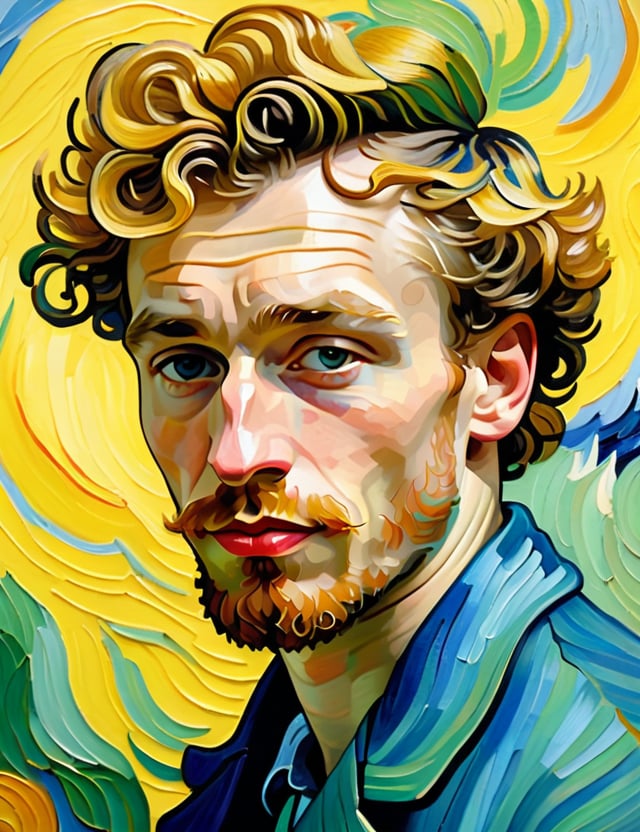 A close-up portrait of a 25-year-old Russian man with fair skin and short, curly blonde hair, front view, in the style of Vincent van Gogh, using a vibrant color palette of rich blues, deep yellows, and bold greens with Van Gogh's signature swirling, textured brushstrokes. Artists: Vincent van Gogh, Henri de Toulouse-Lautrec, Paul Gauguin.