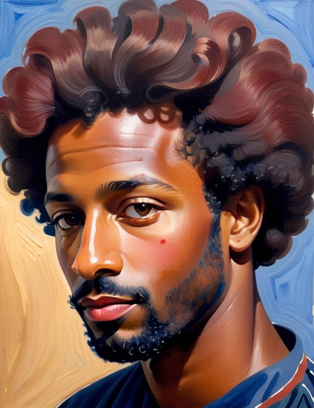 A close-up portrait of a 34-year-old Portuguese man with fair skin and short Afro hair, front view, in gouache on canvas style, using a color palette of rich earth tones, deep blues, and warm reds with smooth, creamy textures. Artists: Mary Blair, John Singer Sargent, Henri Matisse.