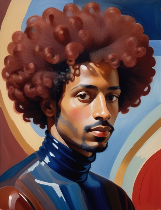 A close-up portrait of a 34-year-old Portuguese man with fair skin and short Afro hair, front view, in gouache on canvas style, using a color palette of rich earth tones, deep blues, and warm reds with smooth, creamy textures. Artists: Mary Blair, John Singer Sargent, Henri Matisse.