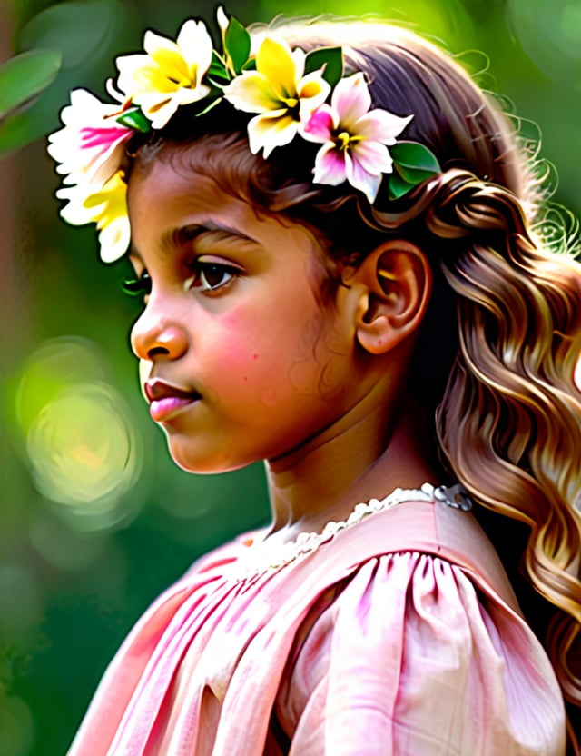 A close-up portrait of a beautiful 12-year-old Brazilian girl with caramel skin and tightly curled hair,  front view,  in...