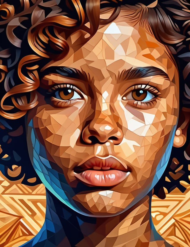 A triangular art style of a beautiful 14-year-old Paraguayan girl with caramel skin tone and short, curly hair, close-up of her face, front view, with a serious expression. (((intricate details))), (((best quality))), (((extreme detail quality))), (((complex composition))), in the style of Charis Tsevis, Chris Duffy, Tim Biskup.