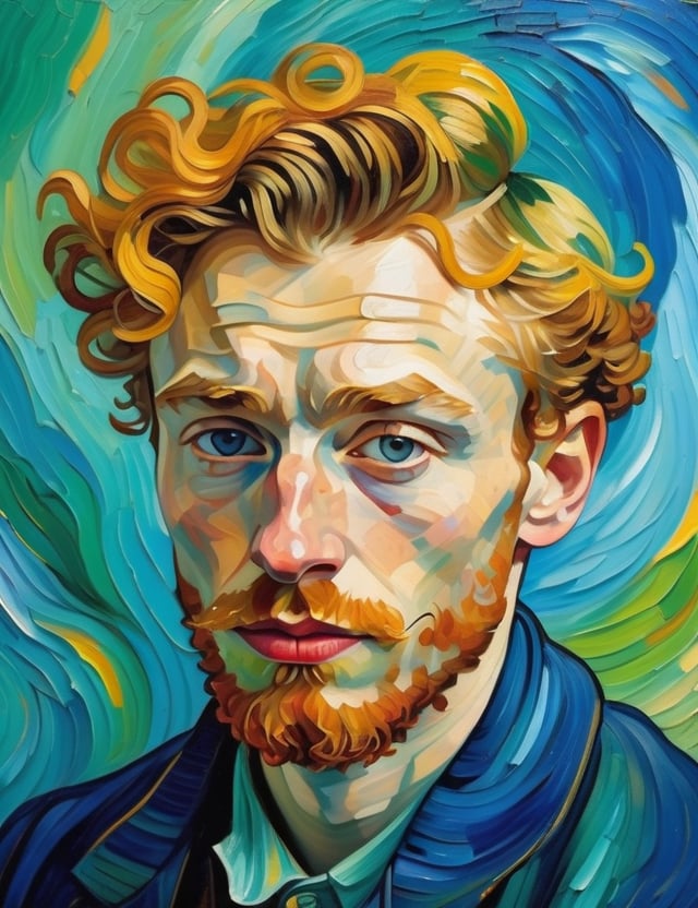 A close-up portrait of a 25-year-old Russian man with fair skin and short, curly blonde hair, front view, in the style of Vincent van Gogh, using a vibrant color palette of rich blues, deep yellows, and bold greens with Van Gogh's signature swirling, textured brushstrokes. Artists: Vincent van Gogh, Henri de Toulouse-Lautrec, Paul Gauguin.